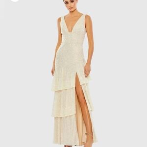 Mac Duggal‎ 27046 Sequin Asymmetrical Ruffle Tiered Gown Beige 8 Maxi Dress